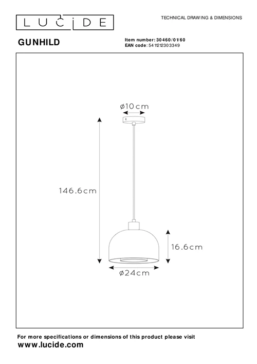 Lucide GUNHILD - Hanglamp - Ø 24 cm - 1xE27 - Transparant - technisch